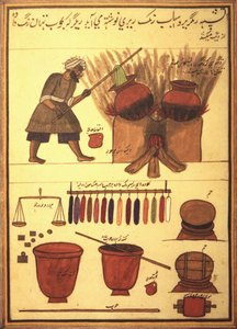 Un tintorero árabe tiñendo tela y las herramientas de su oficio (tinta sobre vitela) de Unbekannt Unbekannt